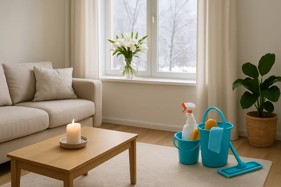 “Mysigt vardagsrum med rena ytor och vinterljus genom fönstret – symboliserar städning inför vintern med fokus på ordning, trivsel och förberedelse för den kalla årstiden”